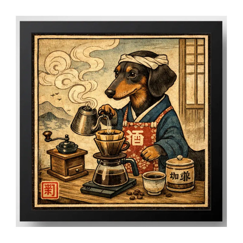 Cuadro Perro Salchicha Barista Café Cocina Japonés Coleccion Marco Negro