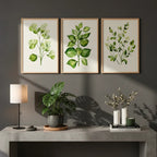 Set 3 Cuadros Dormitorio Living Hojas Verdes Plantas Suaves Marco Marrón Claro