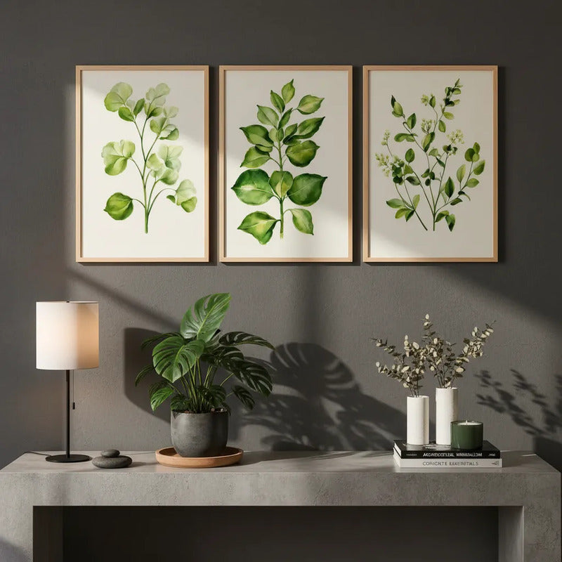 Set 3 Cuadros Dormitorio Living Hojas Verdes Plantas Suaves Marco Marrón Claro