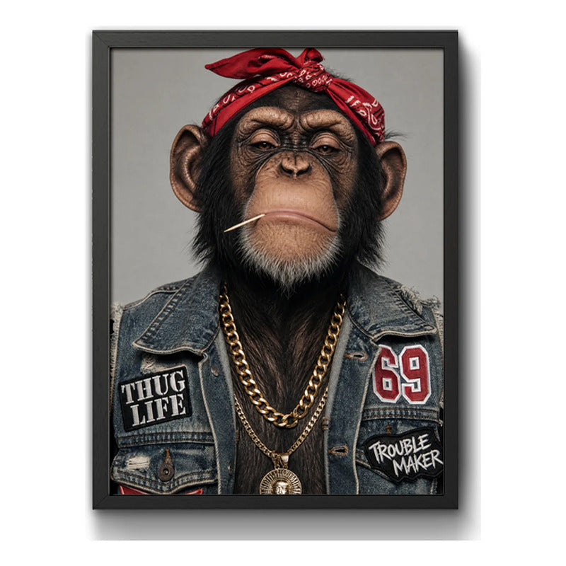 Cuadro Mono Rap Con Cadena De Oro Chimp Estilo Gánster Marco Negro