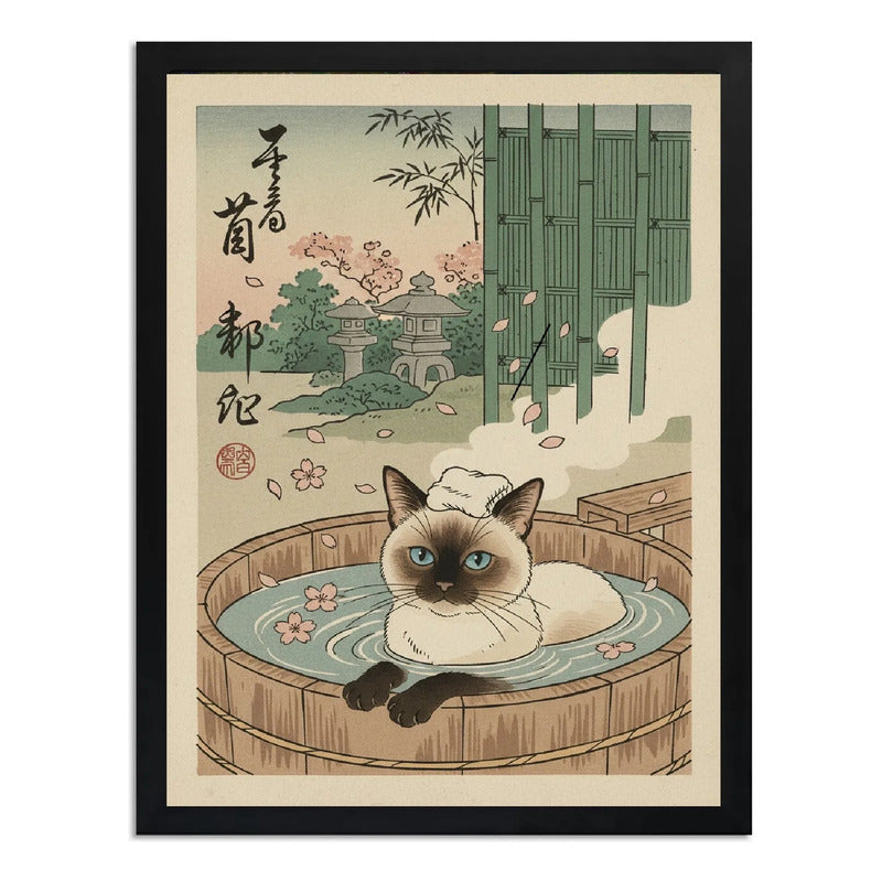 Cuadro Gato Siames Banera Bano Arte Japonés Flores Cerezo Marco Negro