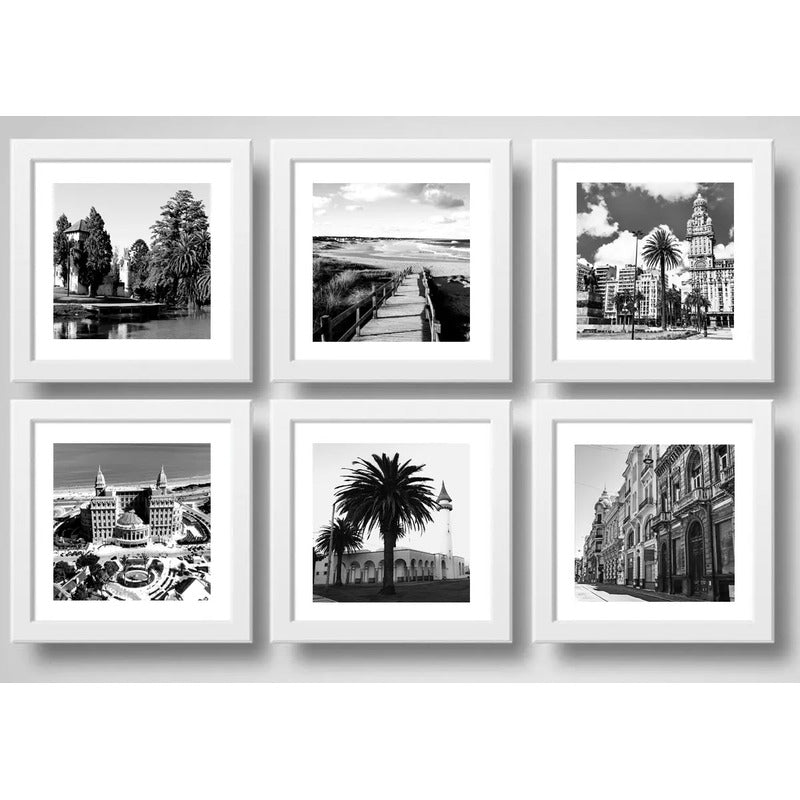 Set 6 Cuadros Montevideo Blanco Y Negro Ciudad Paisajes