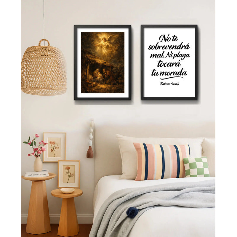 Set 2 Cuadros Jesús Cristo Nacimiento Y Salmo 91:10 Biblia Marco Negro